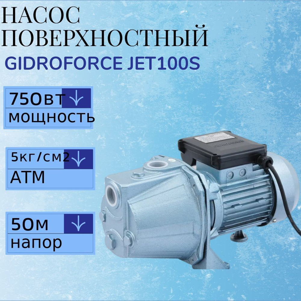 Насос поверхностный самовсасывающий GIDROFORCE JET100S (60 л/мин на 45 м) с  доп. сальником