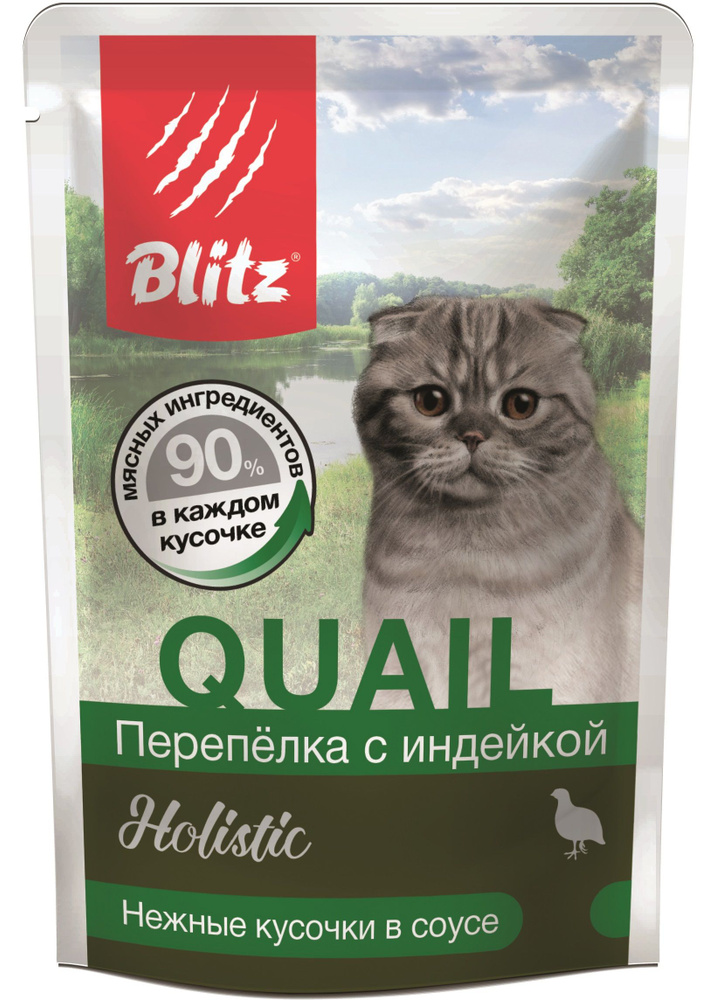 Влажный корм Blitz Holistic пауч для кошек (кусочки в соусе) с перепелкой и индейкой, 85 г.  #1