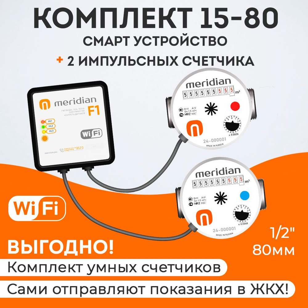 Умные счетчики Meridian для передачи показаний по Wi-Fi (набор: смарт  устройство + 2 импульсных счетчика воды 1/2