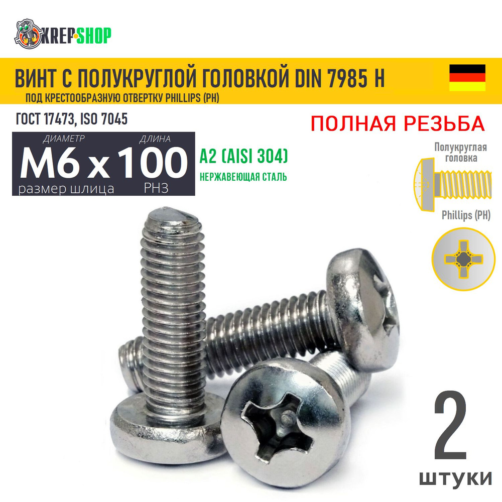 Винт п/кр M6х100 под крест нерж. А2 DIN 7985 H, 2 шт #1