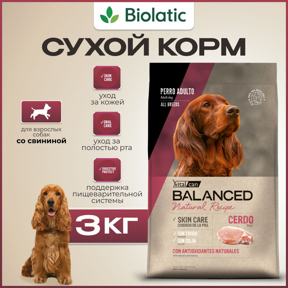 Виталкан Корм Balanced Dog Adult Natural Recipe для взрослых собак со свининой, 3 кг  #1