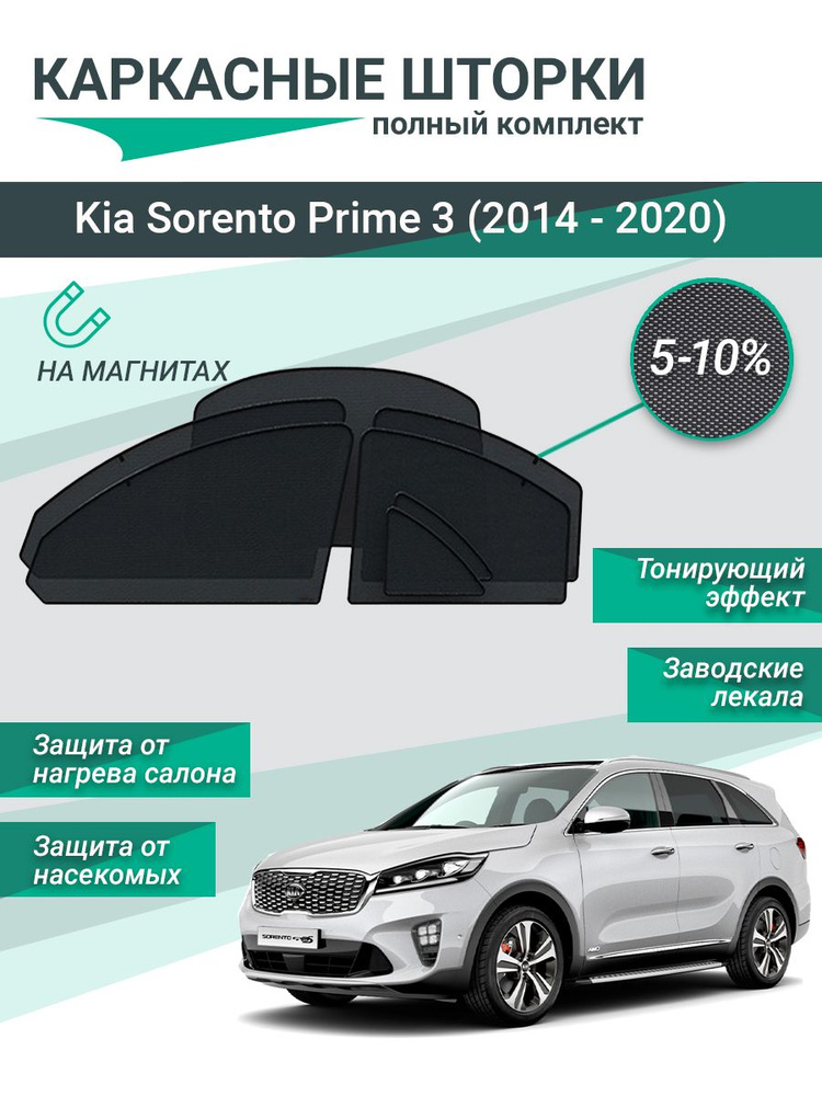 Каркасные шторки для Kia Sorento Prime 3 (2014 - 2020) на магнитах, сетки на все стекла  #1