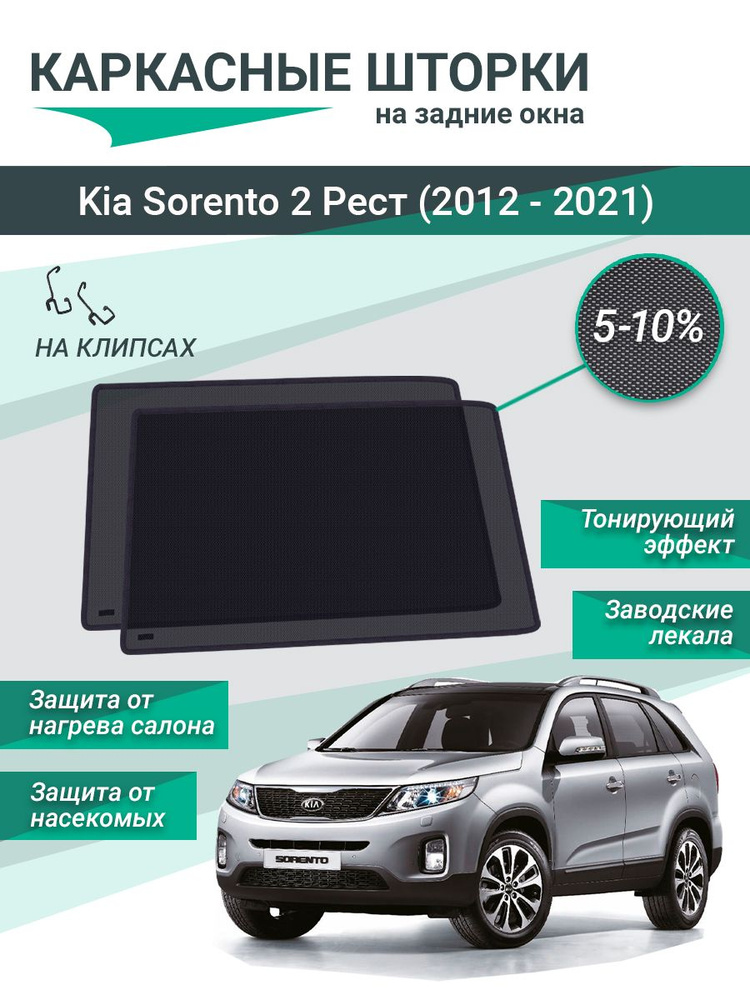 Каркасные шторки для Kia Sorento 2 Рест (2012 - 2021) на фиксаторах, сетки на задние стекла  #1