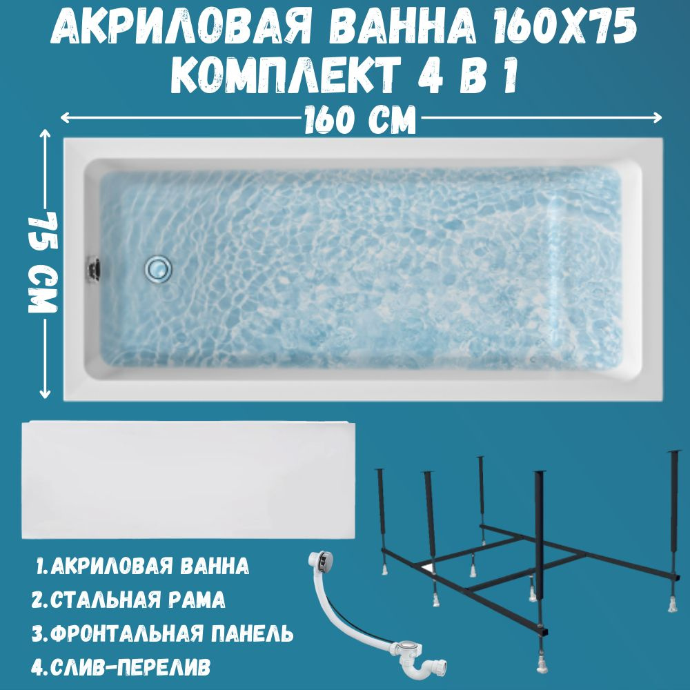 Ванна акриловая 160х75 см 1MARKA ВIANCA в наборе 4 в 1: Прямоугольная ванна, фронтальная панель, усиленный #1