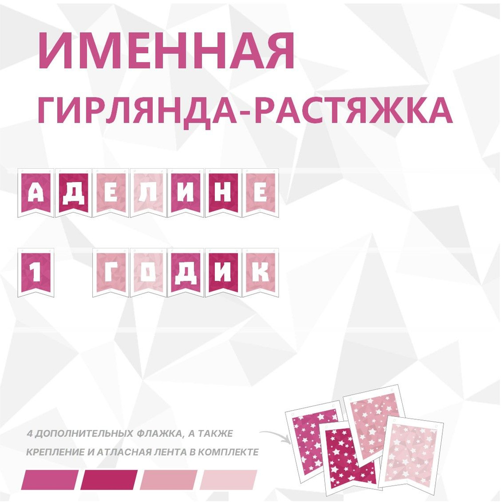 Именная гирлянда-растяжка "АДЕЛИНЕ 1 ГОДИК", лента 400 см, 13 флажков  #1