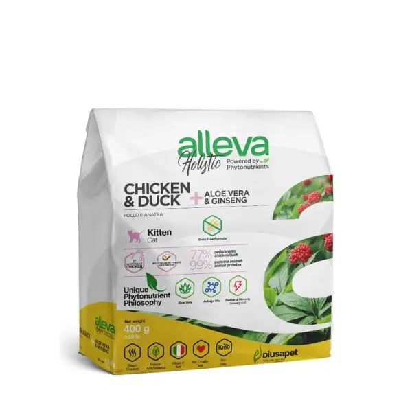 ALLEVA Сухой корм для котят с курицей и уткой, алое вера и женьшенем, 400 г  #1