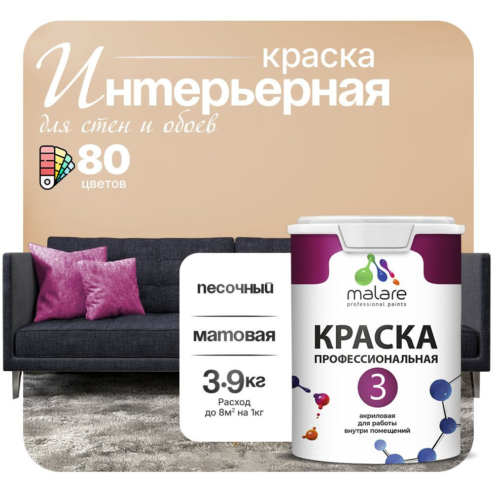 Краска Malare Professional Euro №3 интерьерная для стен и обоев, для потолка, акриловая, быстросохнущая, #1