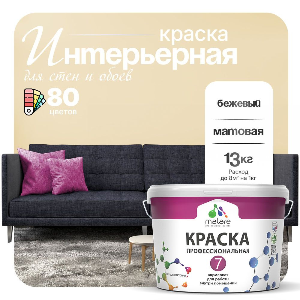 Краска Malare Professional Euro №7 интерьерная для стен и обоев, для потолка, акриловая, быстросохнущая, #1