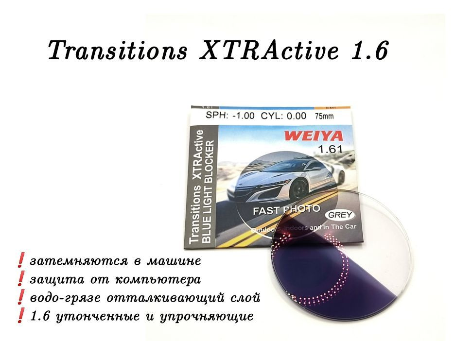 Линзы для очков 1.6 XTRActive transitions Grey фотохромные для водителей  #1