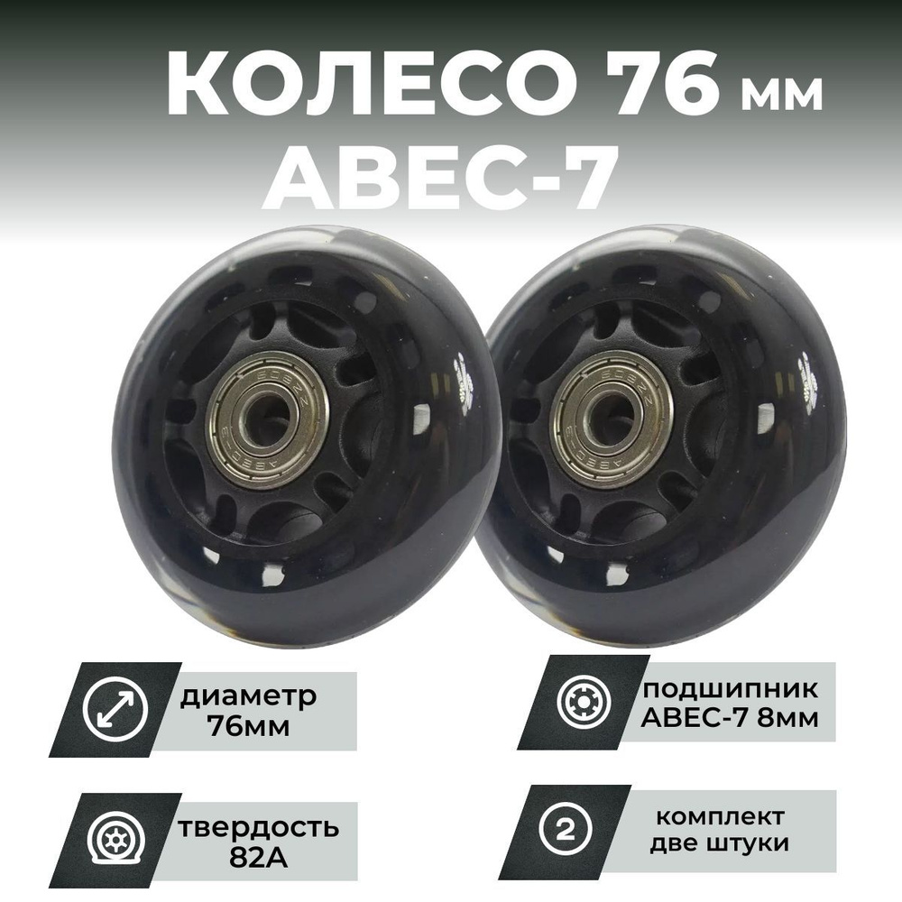 Колесо для роликов 76х24 PU твердость 82, чёрное, подшипник ABEC-7 M8 (2шт)  #1