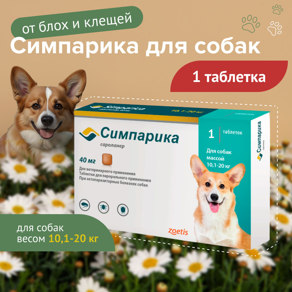 Симпарика для собак 10,1-20 кг, 40 мг 1 таб до 12.2026 г. купить на ...