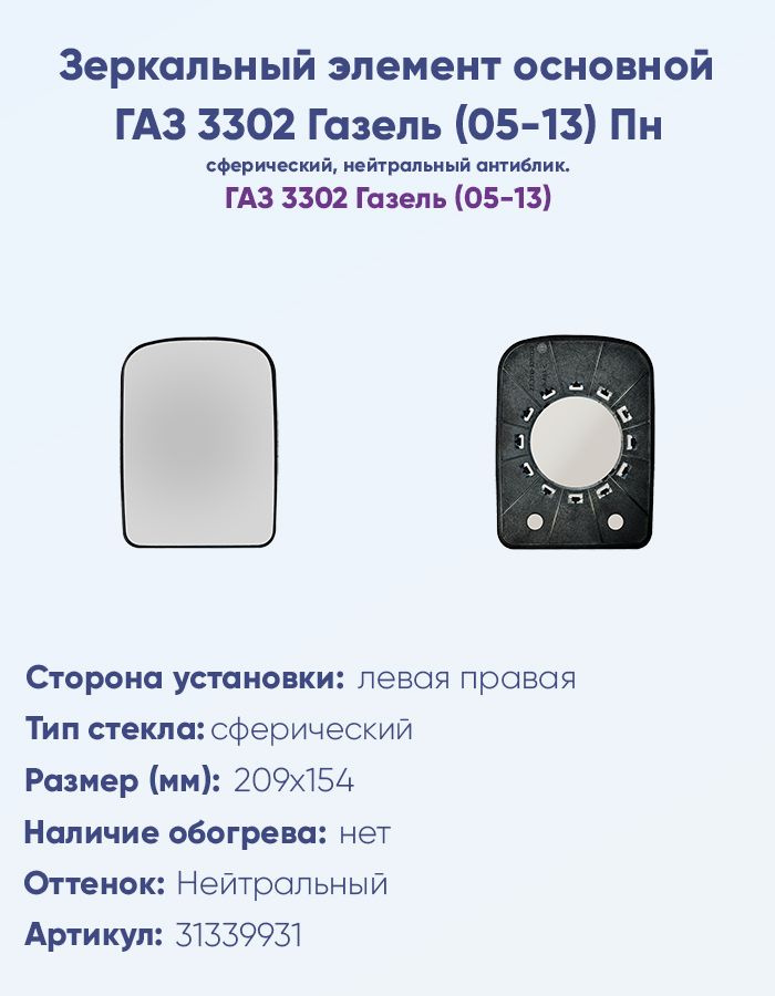 Элемент зеркальный ГАЗ 3307 (290/150) (уп. 10 шт) (ПРЗП)