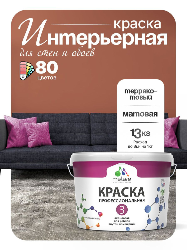 Краска для стен Malare Professional Euro №3 моющаяся интерьерная краска, акриловая, быстросохнущая, без #1