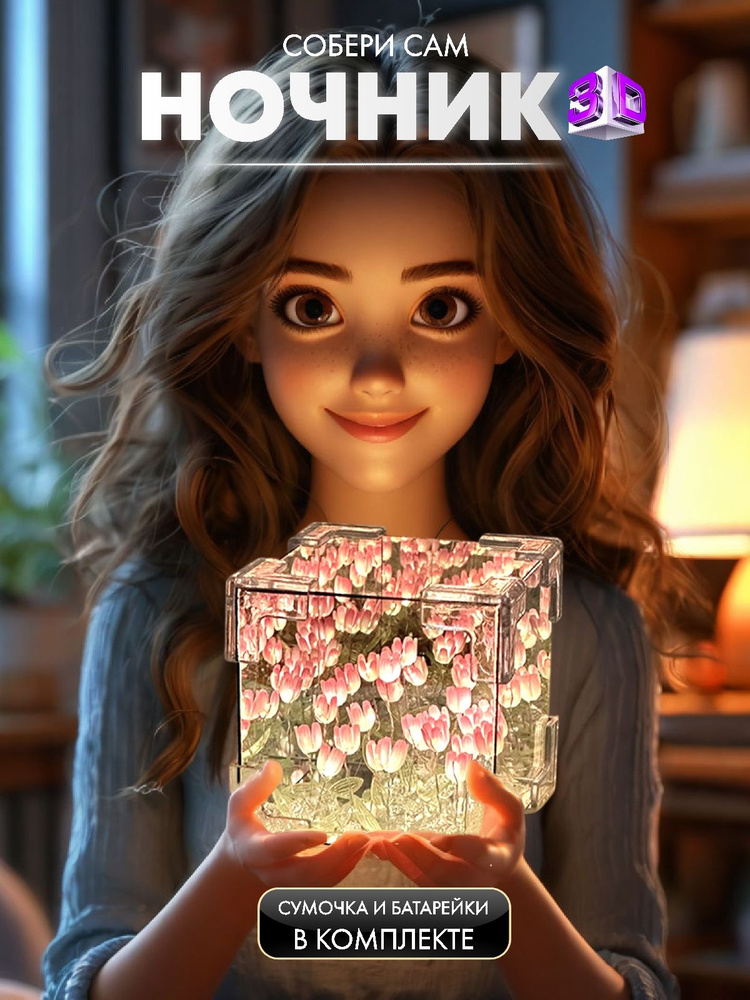 Ночник с тюльпанами в кубе 3D собери сам #1