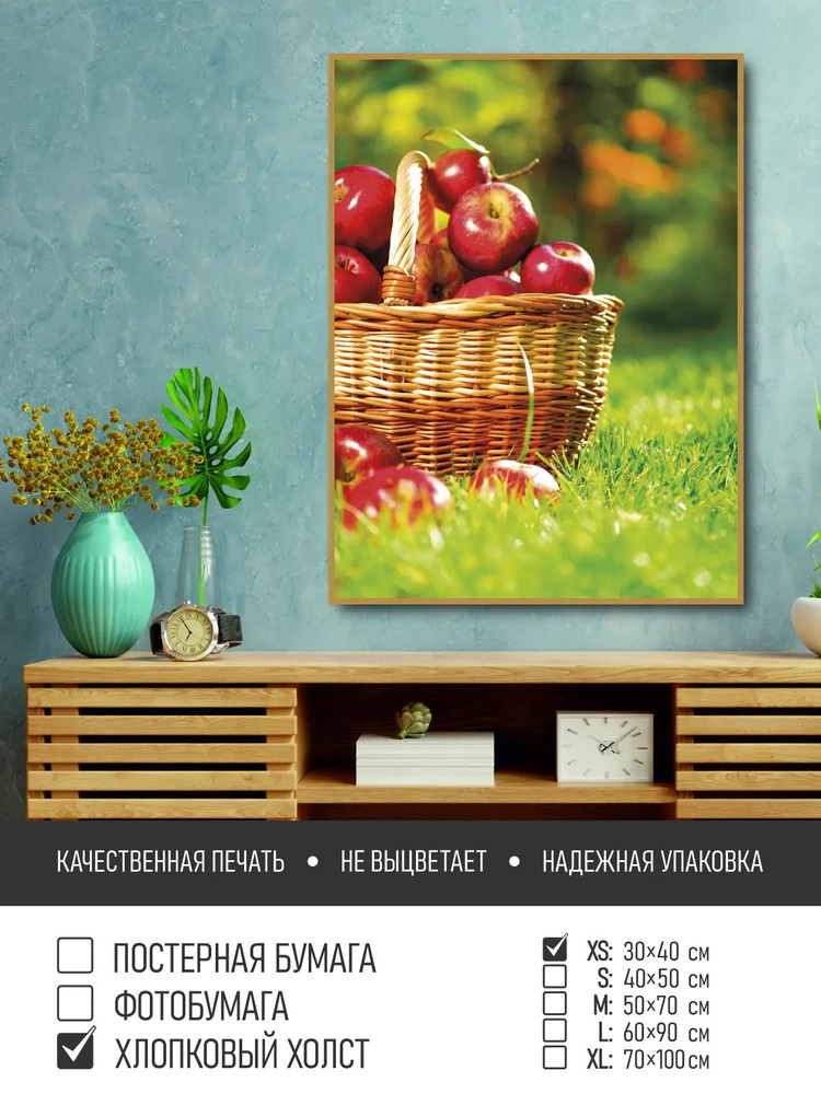 Постер на холсте Яблоки в корзине на поляне, 30х40 см ПолиЦентр #1