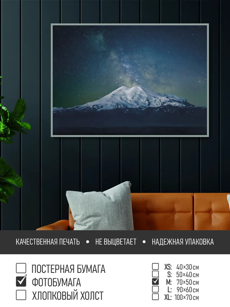 Постер на фотобумаге Гора эльбрус и млечный путь, 70х50 см ПолиЦентр #1
