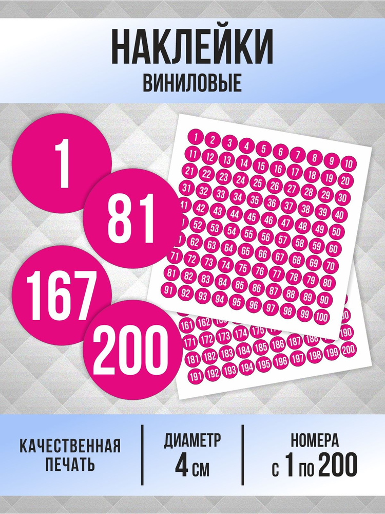 Наклейки с номерами от 1 до 200 круглые 40 мм, цвет фуксия, ПолиЦентр #1