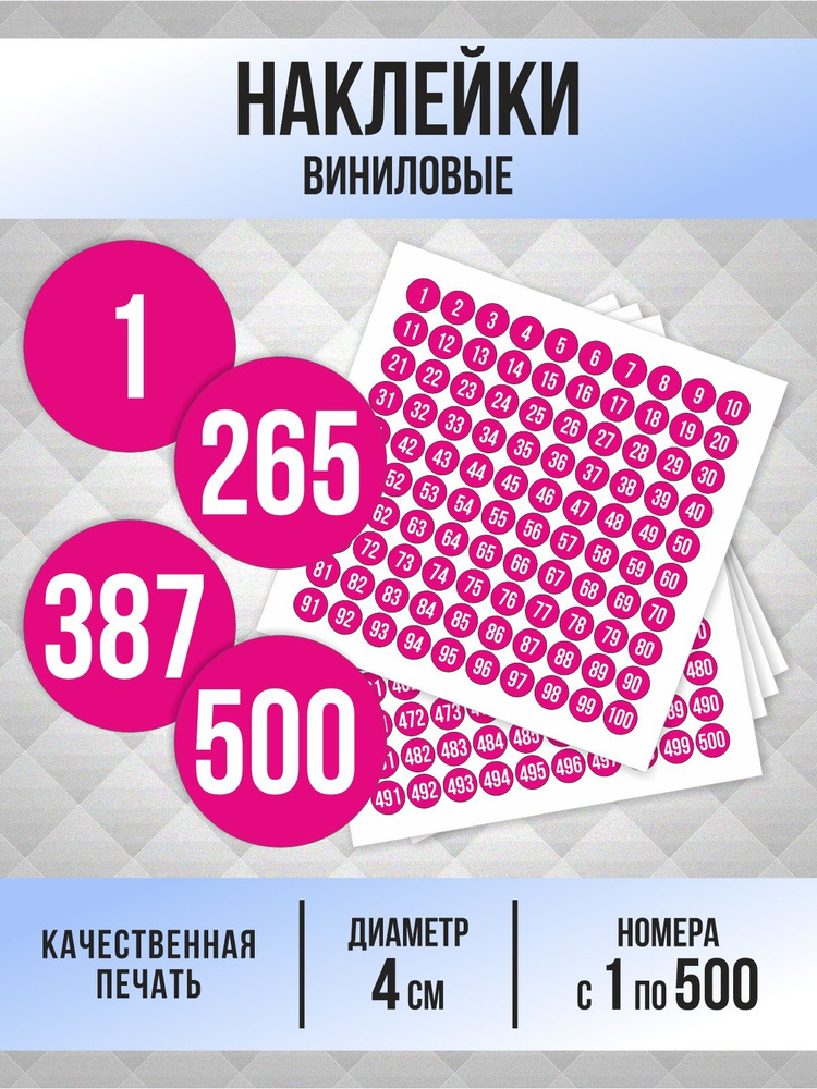Наклейки с номерами от 1 до 500 круглые 40 мм, цвет фуксия, ПолиЦентр #1