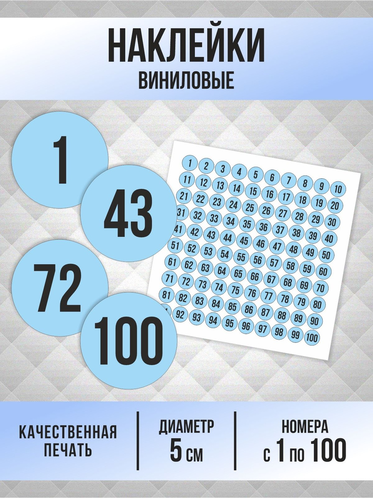 Наклейки с номерами от 1 до 100 круглые 50 мм, цвет голубой, ПолиЦентр #1