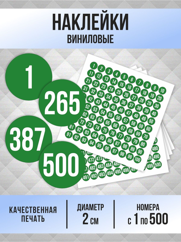 Наклейки с номерами от 1 до 500 круглые 20 мм, цвет зеленый, ПолиЦентр #1