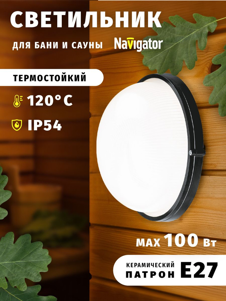 Светильник потолочный Navigator 94 815, для бани и сауны, ЖКХ, 100 Вт, под лампу Е27, черный #1