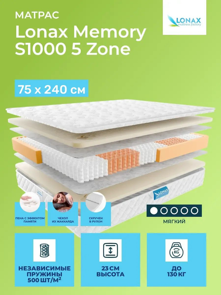 Матрас 75х240 Lonax Memory S1000 5 Zone, независимые пружины, двусторонний с одинаковой жесткостью, мягкий, #1