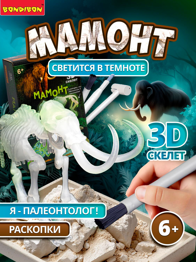 Раскопки для детей Мамонт Bondibon скелет светится в темноте набор палеонтолога #1