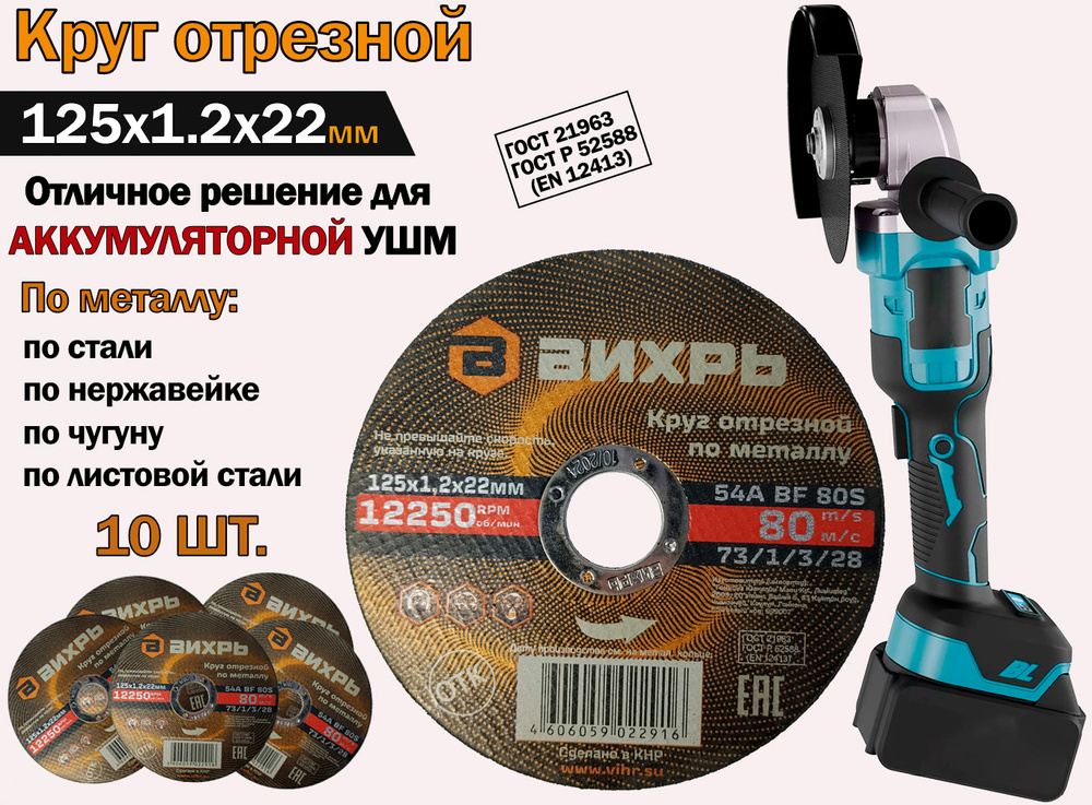 Круг (диск) отрезной по металлу для УШМ 125x1.2x22мм универсальный (10 шт.) #1
