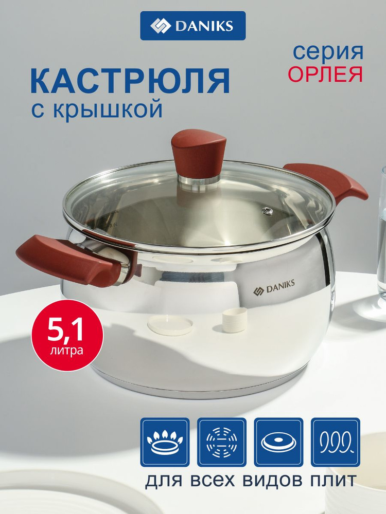 Daniks Кастрюля нержавеющая сталь, 5.1 л, крышка стекло Орлея индукция #1