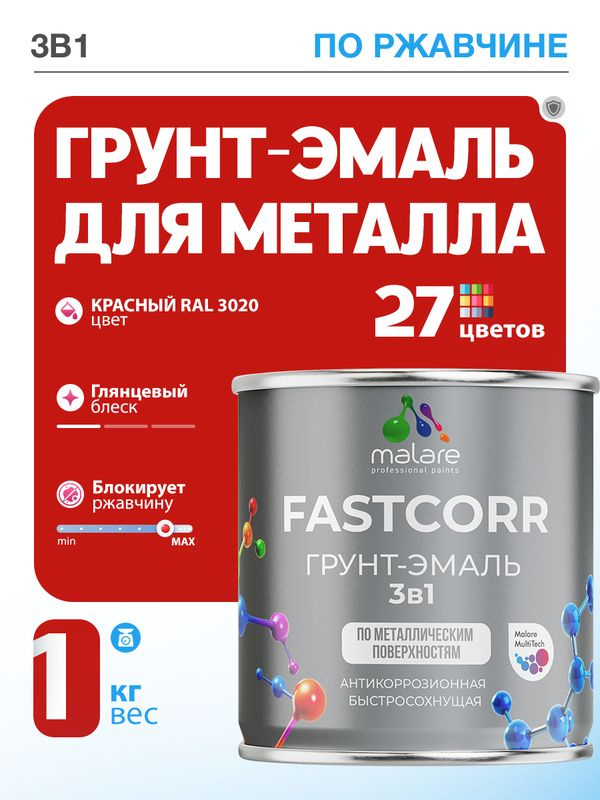 Грунт-эмаль по ржавчине 3 в 1 Malare FastCorr краска для металла, антикоррозионная износостойкая быстросохнущая #1