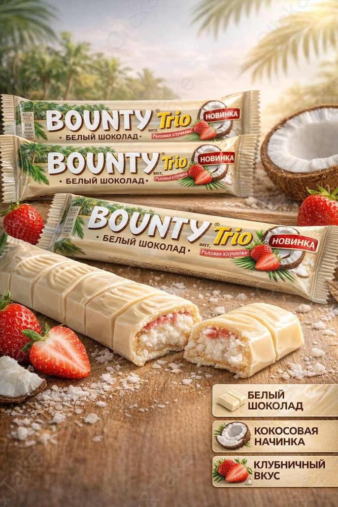 Батончик шоколадный BOUNTY Trio Райская клубника в белом шоколаде с ...