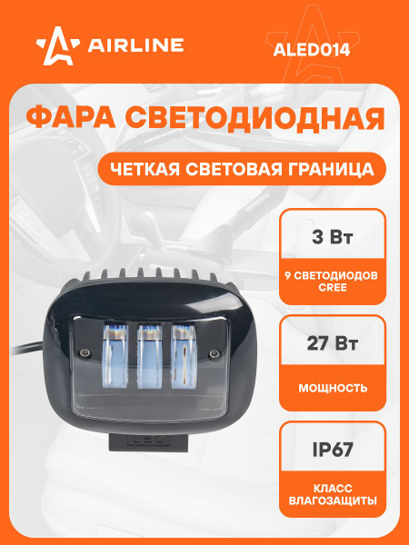 Фара светодиодная 27W 9 диодов 120х126х65 12/24V (прямоугольная,четкая свет.граница) (AIRLINE)