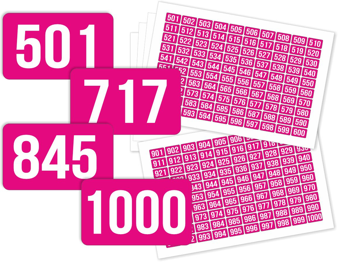 Наклейки с номерами от 501 до 1000 прямоугольные 50х30 мм, цвет фуксия, ПолиЦентр