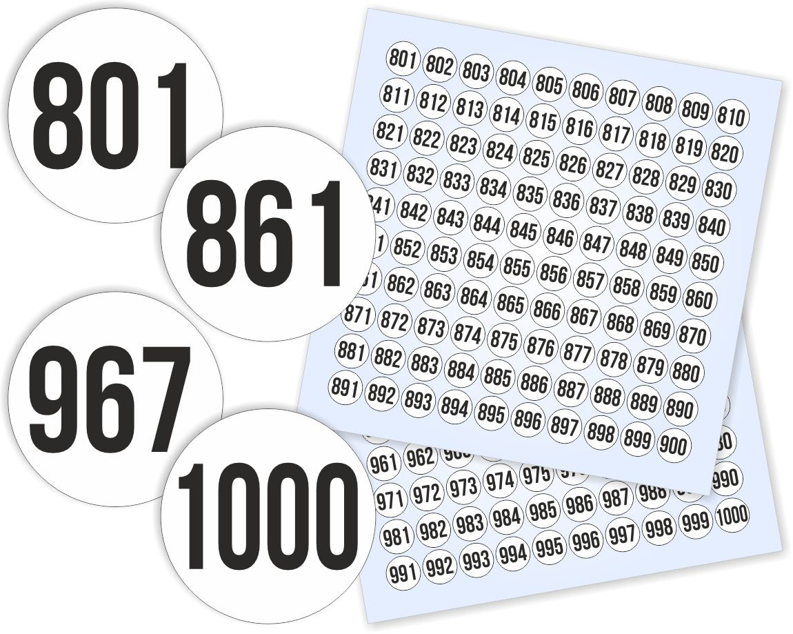Наклейки с номерами от 801 до 1000 круглые 50 мм, цвет белый, ПолиЦентр