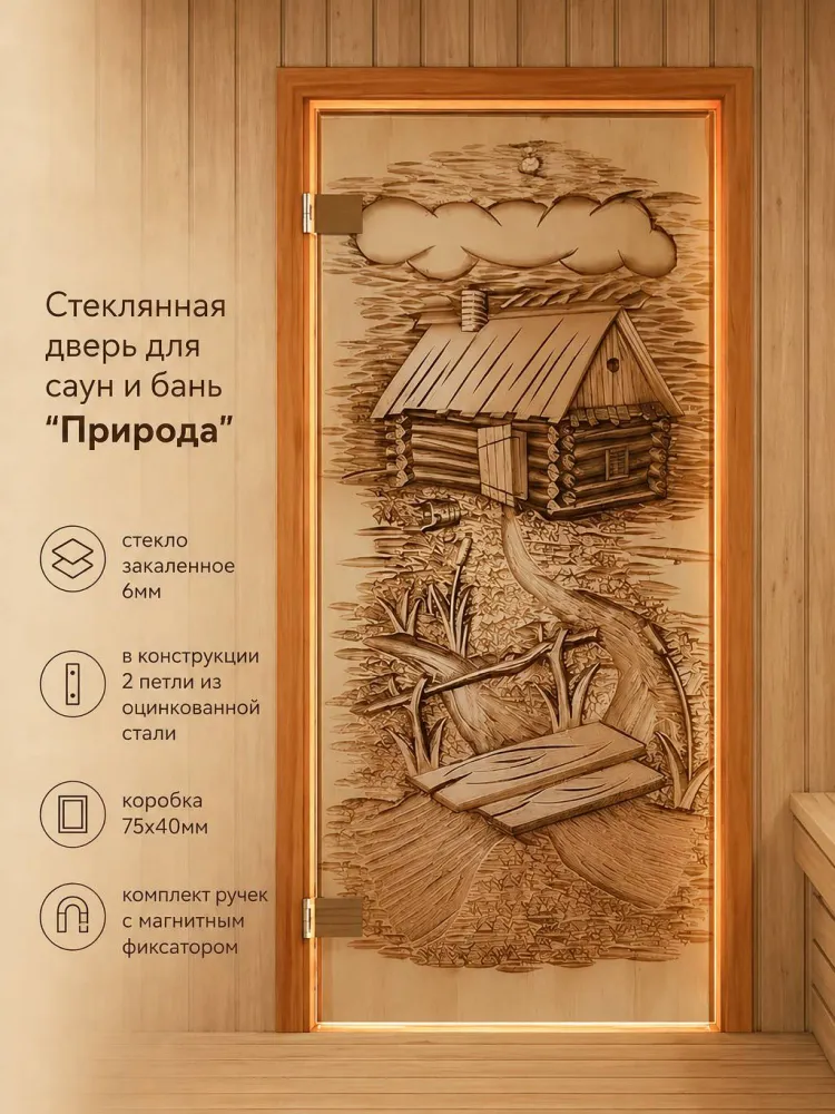 Дверь стеклянная для бани/сауны "Природа" 1900х700 по коробке 6мм 2 петли. Правая(петли справа), 1900x700