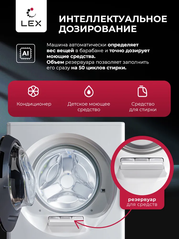 Стирально-сушильная машина с инвертором и паром LEX LWM10714WLuxlDD загрузка стирка/сушка 15/7, автоматическое взвешивание, балансировка, прямой привод, умная стирка и сушка, 20+программ, цвет белый, белый, фото 3