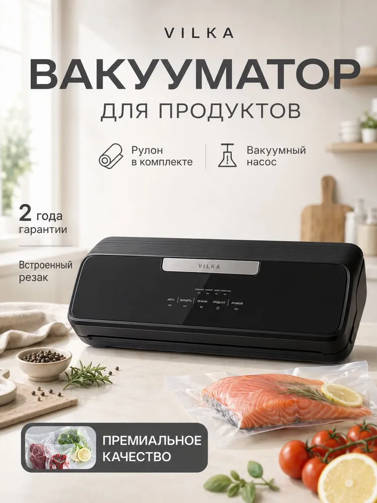 Вакууматор для продуктов Vilka VZ-25 вакуумный упаковщик, с резаком и пакетами, вариант