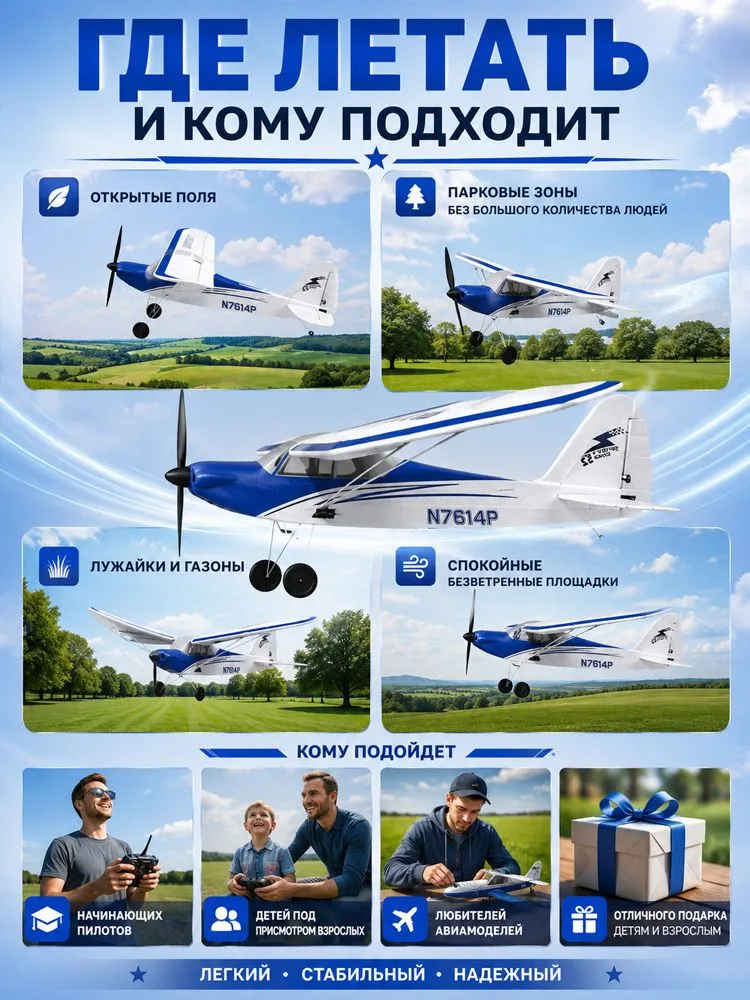 Радиоуправляемый самолет Volantex RC Sport Cub 400мм (синий) 2.4G RTF - EXA76202RB, 2,4 г, фото 4