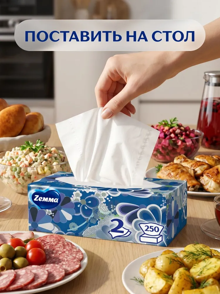 Салфетки бумажные в коробке Zemma Everyday, 2 слоя, набор, 2 упаковки х 250 штук, вариант, фото 6