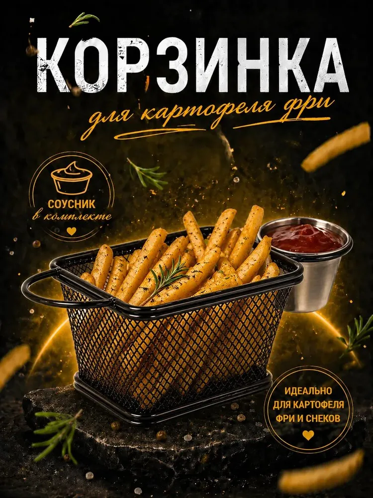 Корзина для подачи снеков, металлическая, с соусником,19х8х7 см, цвет черный, 19x8x7 см