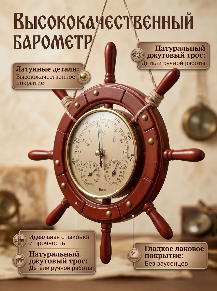 Барометр настенный с термометром и гигрометром THB9392G, золотистый, золотой, фото 3