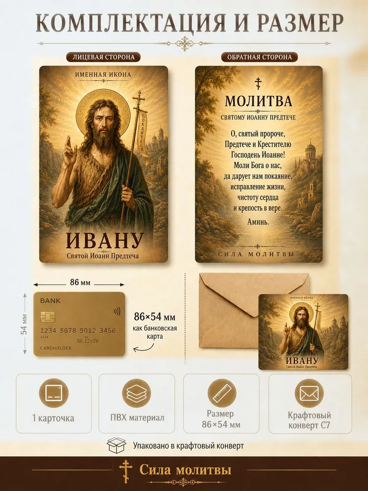 Икона по имени Иван святой Иоанн Предтеча с молитвой, пластиковая карточка 86 54 мм, вариант, фото 4