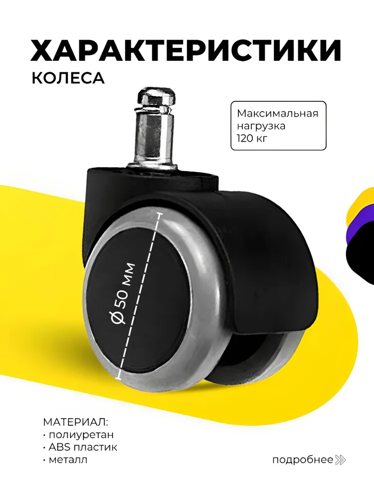 Колеса для офисного кресла, тихие, прорезиненные, полумягкие, комплект 5 шт, шток 11 мм, 5 шт, фото 2