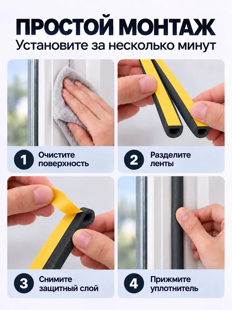 Уплотнитель для окон и входной двери самоклеящийся, резиновый, белый, D-профиль 9х7,5 мм, 10 м, 9x7.5 мм, 10 м, черный, фото 3
