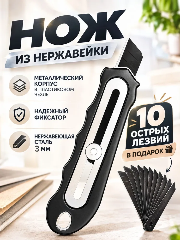 Нож строительный канцелярский 18 мм/ Резак металлический, профессиональный, усиленный/ Нож малярный, монтажный со сменными лезвиями в подарок - 10 штук, вариант