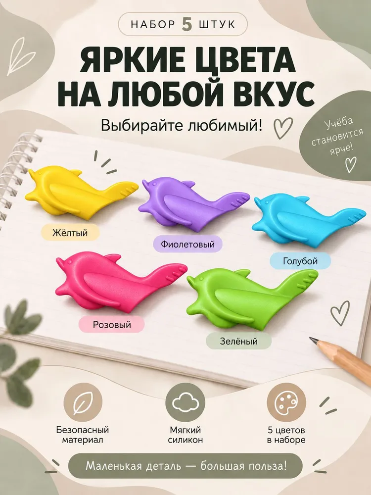 Тренажеры для письма на ручку и карандаш, насадки для правильного захвата детям, держатель Дельфины рыбки 5 шт, 5 шт, фото 6