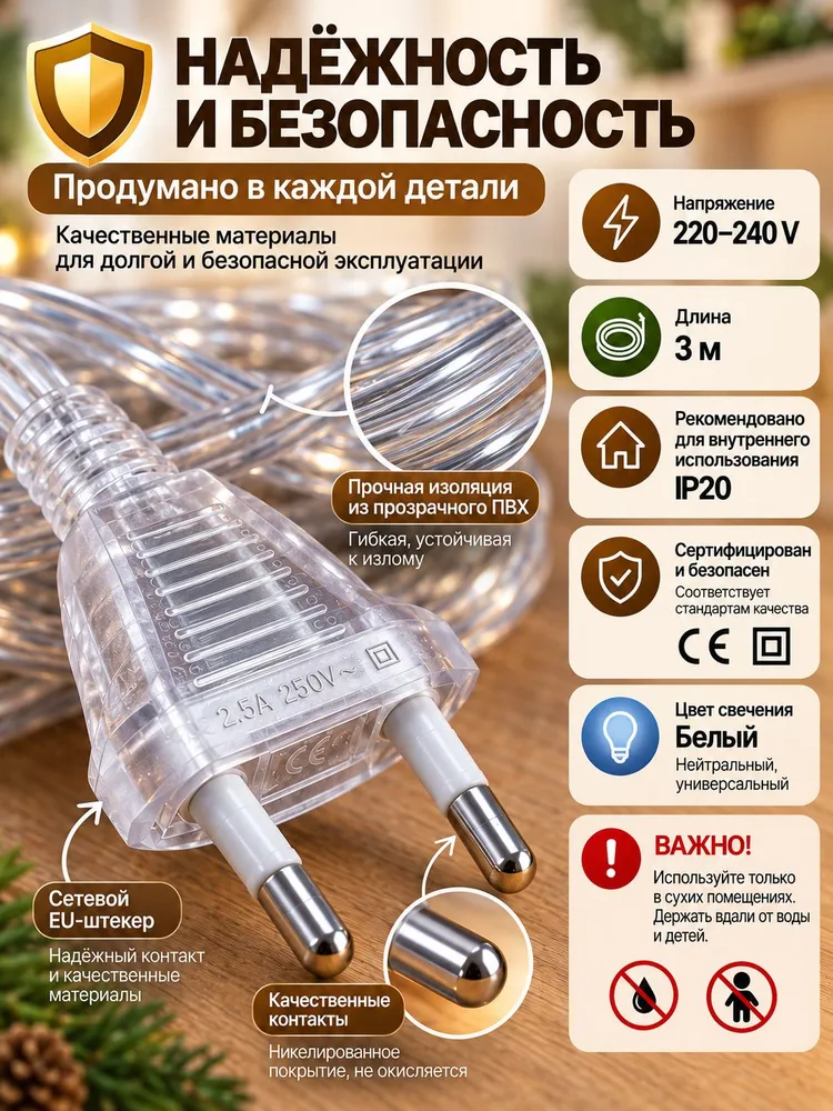 Удлинитель для гирлянды, Переходник для гирлянды, Прозрачный, 3 м, 3 м, фото 4