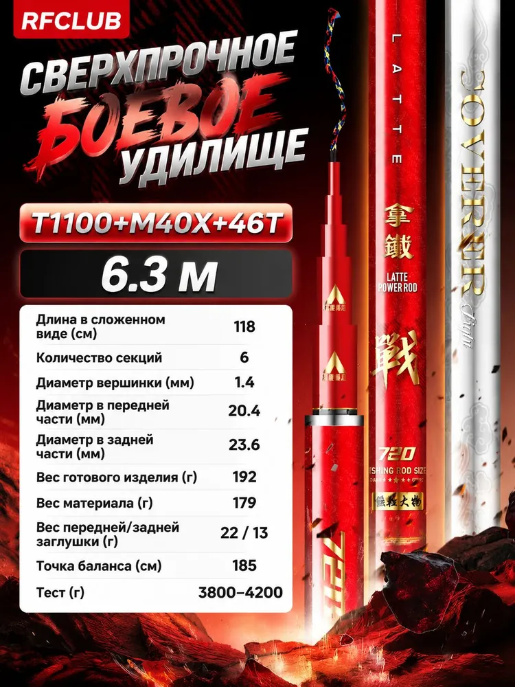 RFCLUB Удилище, рабочая длина:  630 см , до 3800 гр, 3,8 кг