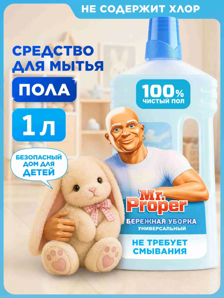 MR PROPER Моющая жидкость для полов и стен Бережная уборка 1л, 1 л