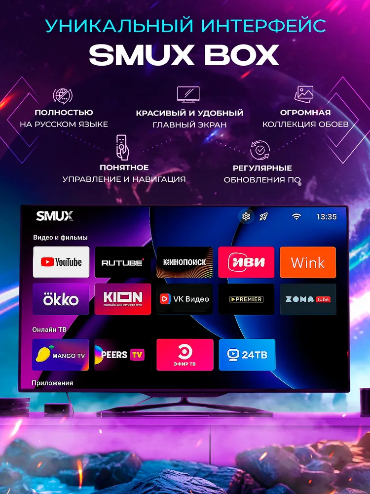Смарт ТВ приставка для телевизора, медиаплеер SMUX BOX A1. Более 850 бесплатных ТВ-каналов! (Андроид 10, 4К, Wi-Fi, 1/8 Гб) / Android тв бокс / Обновленная версия 2026 года, 8 ГБ, фото 3